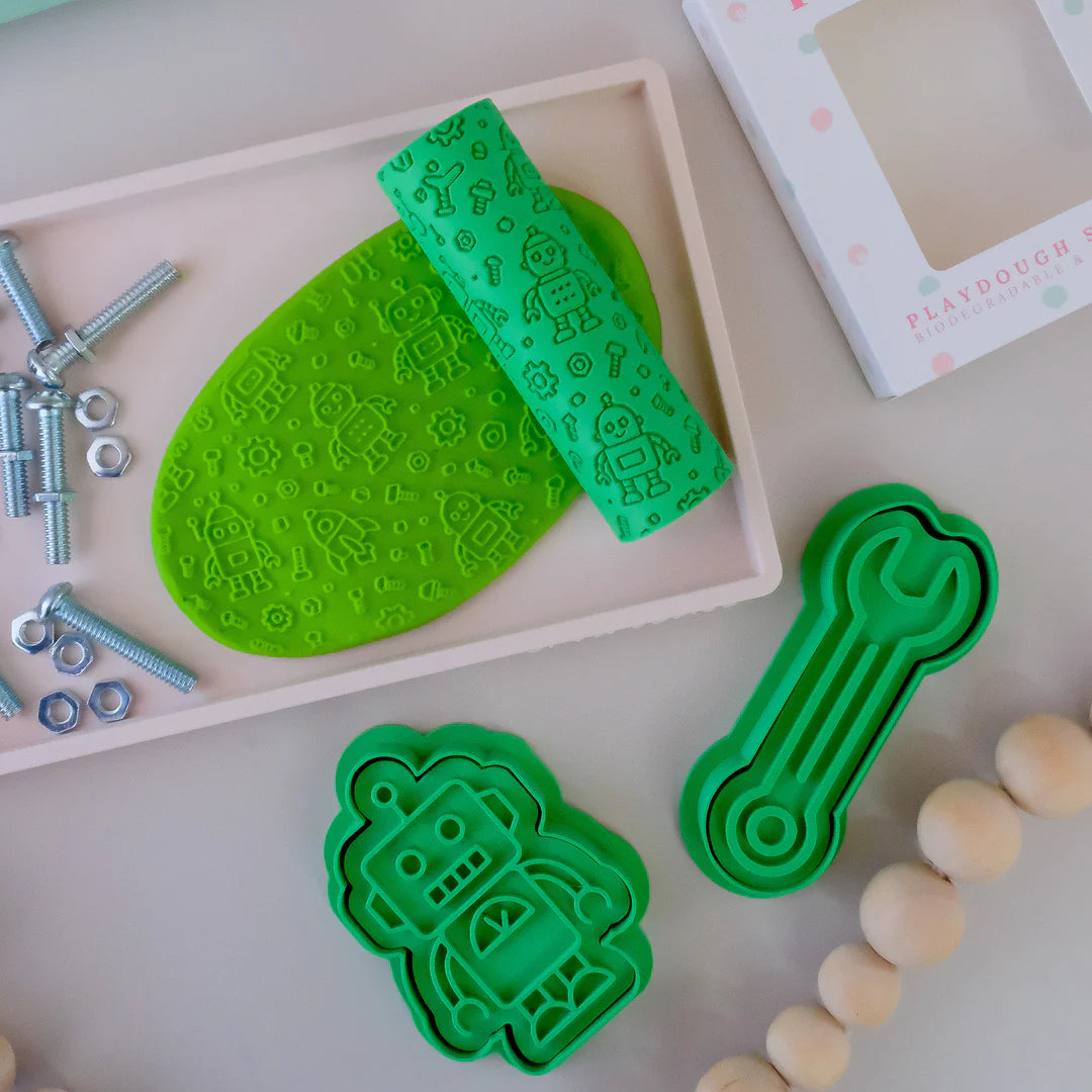 Image of eco textured dough roller designed with fun patterns and to be used with sensory like playdough or can be used for cooking dough. Textured roller is in the pattern robot