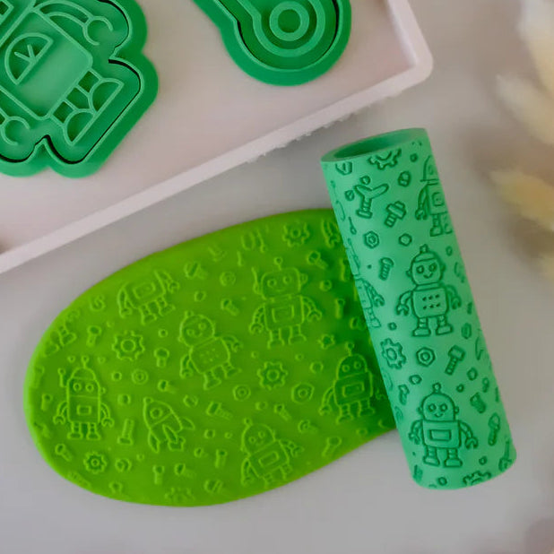Image of eco textured dough roller designed with fun patterns and to be used with sensory like playdough or can be used for cooking dough. Textured roller is in the pattern robot