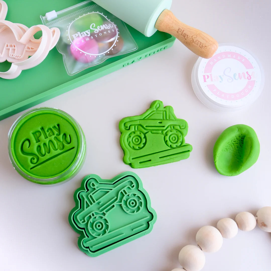 how to use image of playdough/clay stamp and cutter. Eco-friendly sensory play tool by brand playsense perfect for creative and imaginative play. can also be used for cookies and baking. pictured is monster truck