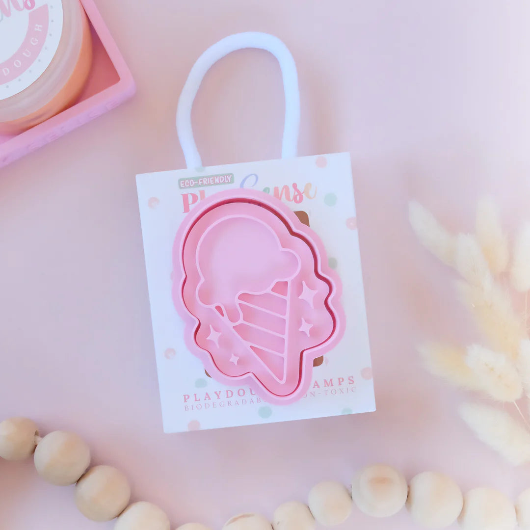 photoshoot image of playdough/clay stamp and cutter. Eco-friendly sensory play tool by brand playsense perfect for creative and imaginative play. can also be used for cookies and baking. pictured is ice cream