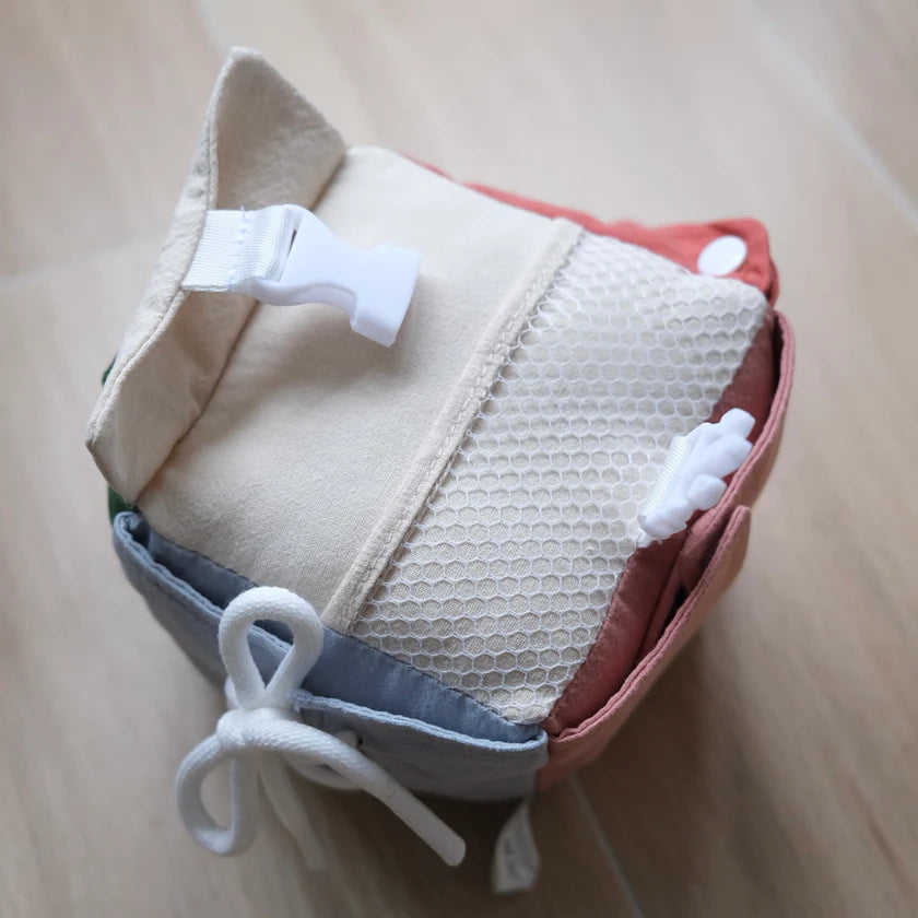 soft busy cube with buttons zips and snaps fine motor toy for toddlers