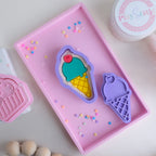 showing how to use image of playdough/clay stamp and cutter. Eco-friendly sensory play tool by brand playsense perfect for creative and imaginative play. can also be used for cookies and baking. pictured is ice cream