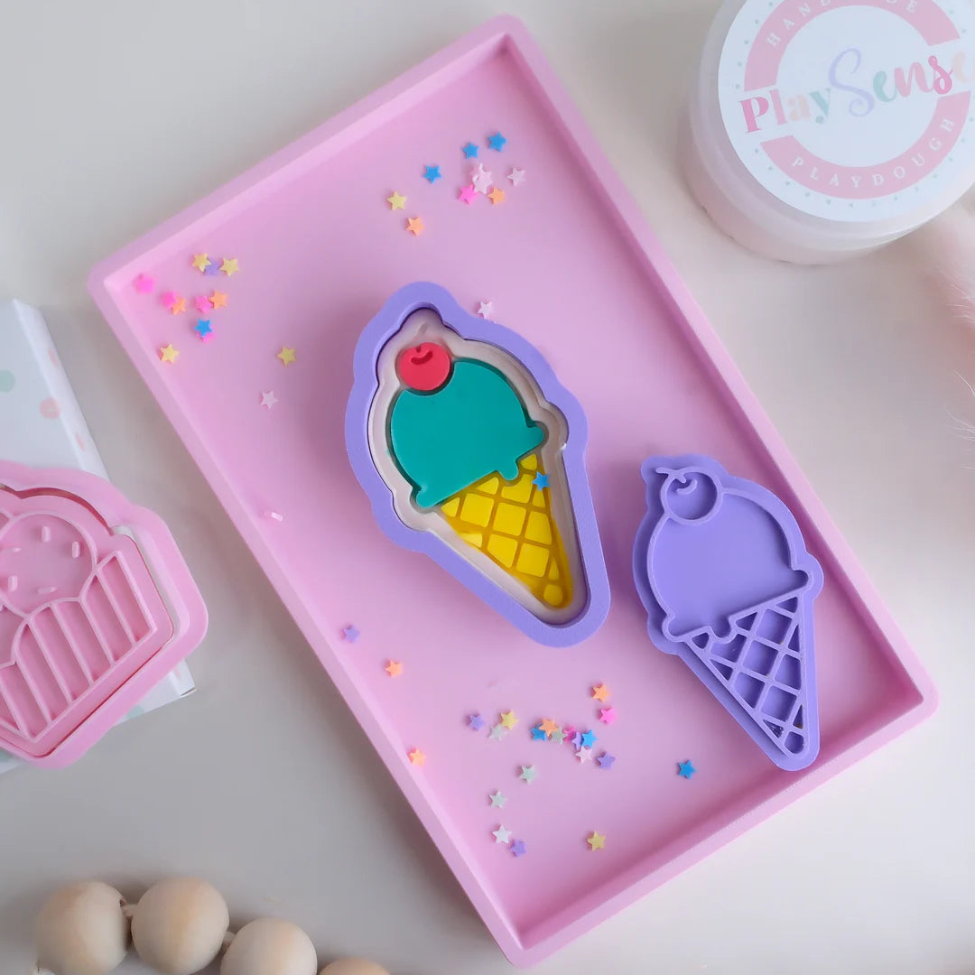 showing how to use image of playdough/clay stamp and cutter. Eco-friendly sensory play tool by brand playsense perfect for creative and imaginative play. can also be used for cookies and baking. pictured is ice cream