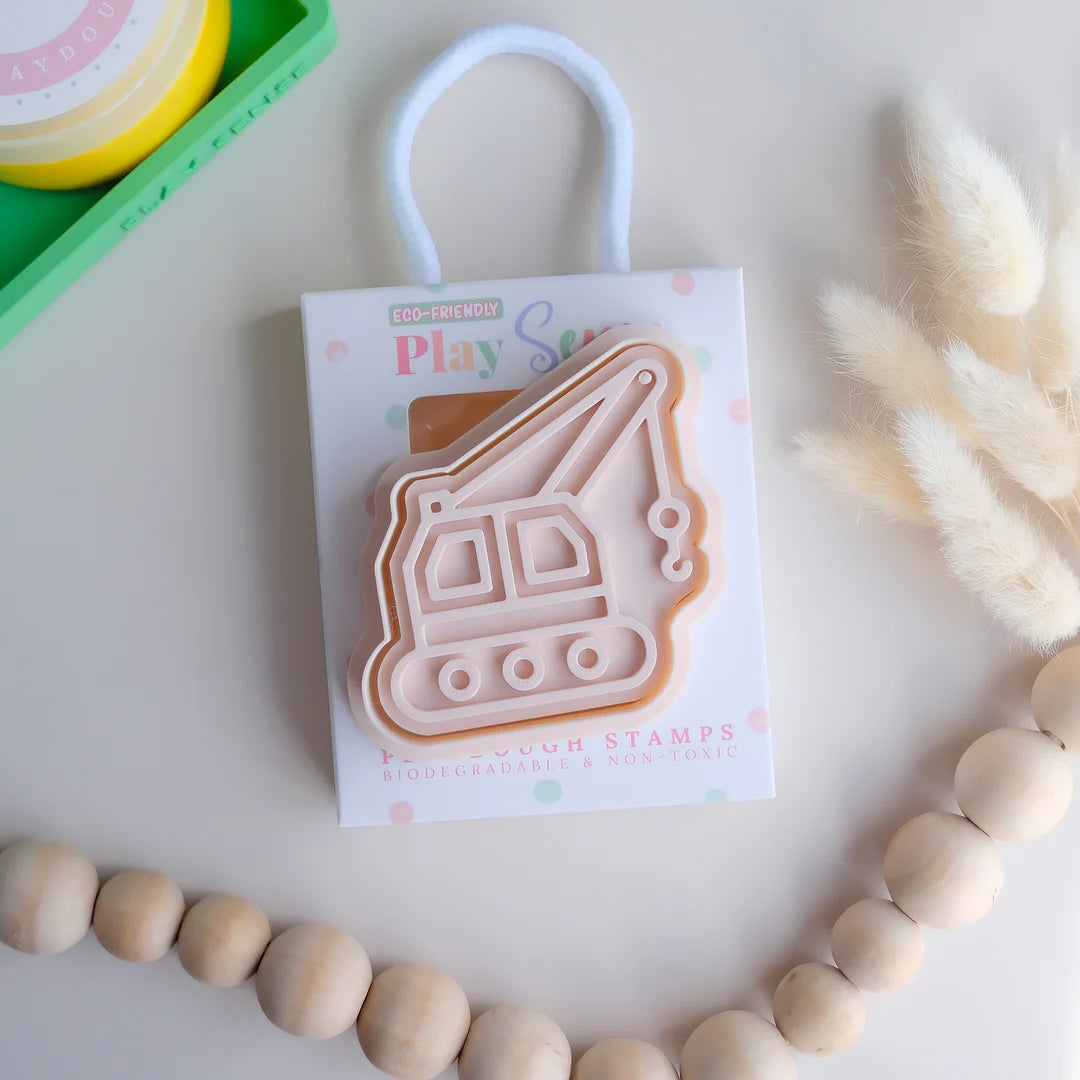 photoshoot image of playdough/clay stamp and cutter. Eco-friendly sensory play tool by brand playsense perfect for creative and imaginative play. can also be used for cookies and baking. pictured is crane