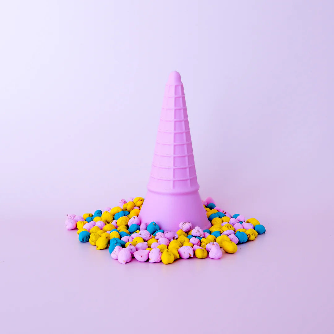 colourful rainbow 3d printed eco ice cream cone for sensory play with clay, playdough, dough and more. brand is playsense. these are fun for kids. pictures is colours pink