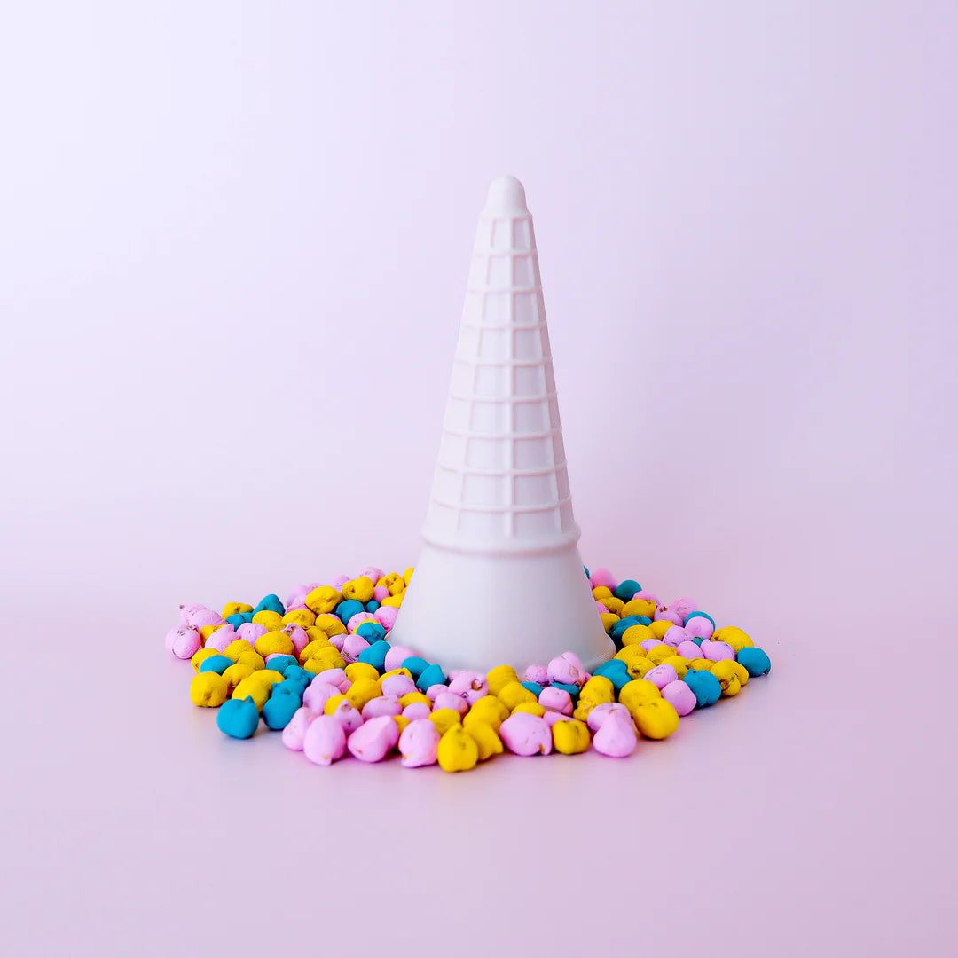 colourful rainbow 3d printed eco ice cream cone for sensory play with clay, playdough, dough and more. brand is playsense. these are fun for kids. pictures is colours beige