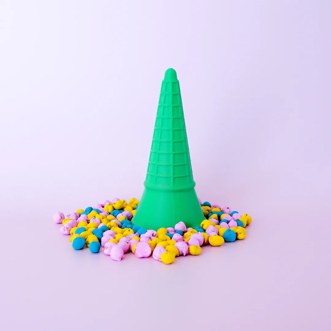 colourful rainbow 3d printed eco ice cream cone for sensory play with clay, playdough, dough and more. brand is playsense. these are fun for kids. pictures is colours green