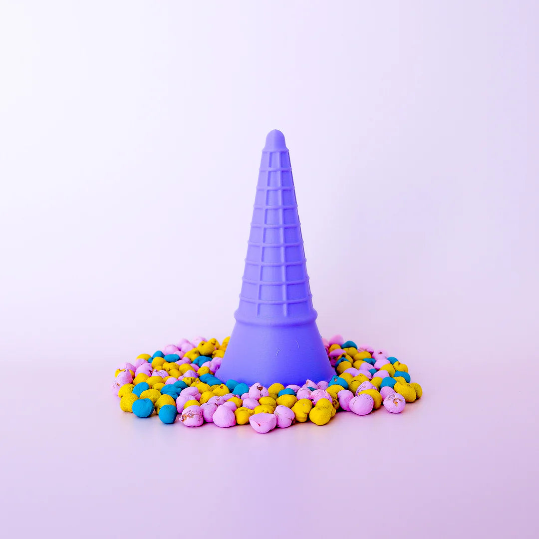 colourful rainbow 3d printed eco ice cream cone for sensory play with clay, playdough, dough and more. brand is playsense. these are fun for kids. pictures is colours purple