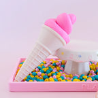 a fun ice cream showing how to use colourful rainbow 3d printed eco ice cream cone for sensory play with clay, playdough, dough and more. brand is playsense. these are fun for kids. pictures is colours beige