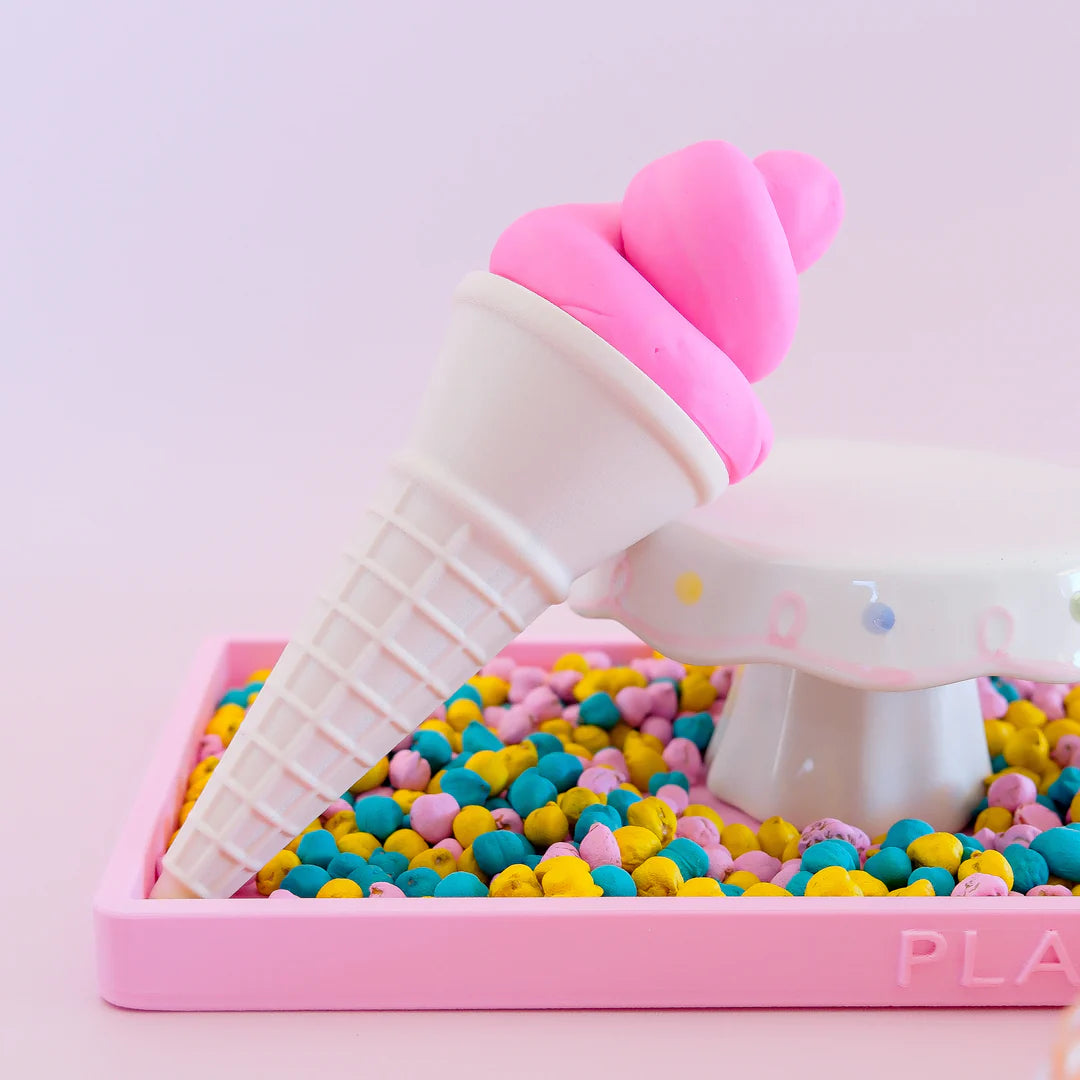 a fun ice cream showing how to use colourful rainbow 3d printed eco ice cream cone for sensory play with clay, playdough, dough and more. brand is playsense. these are fun for kids. pictures is colours beige