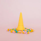 colourful rainbow 3d printed eco ice cream cone for sensory play with clay, playdough, dough and more. brand is playsense. these are fun for kids. pictures is colours yellow