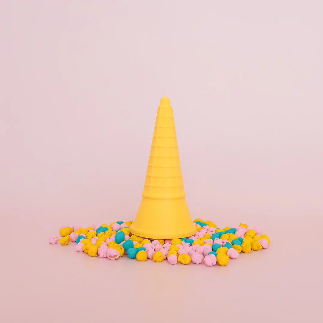colourful rainbow 3d printed eco ice cream cone for sensory play with clay, playdough, dough and more. brand is playsense. these are fun for kids. pictures is colours yellow