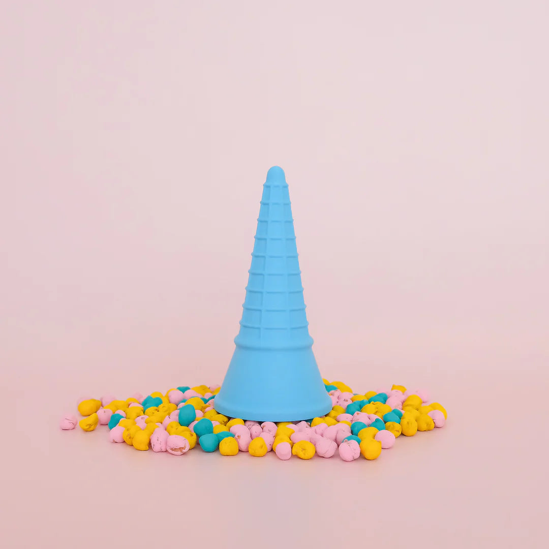 colourful rainbow 3d printed eco ice cream cone for sensory play with clay, playdough, dough and more. brand is playsense. these are fun for kids. pictures is colours blue
