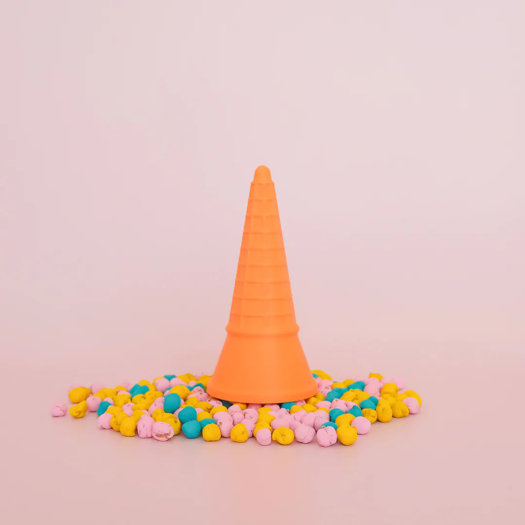colourful rainbow 3d printed eco ice cream cone for sensory play with clay, playdough, dough and more. brand is playsense. these are fun for kids. pictures is colours orange