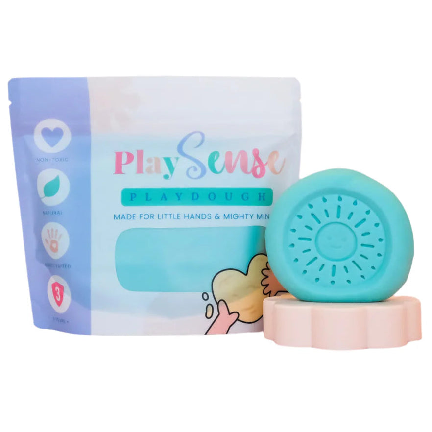 Image of dough by the brand playsense. Great for sensory play and being creative, also fine motor development. Dough is non toxic with all natural ingredients so safe for little hands. Colour and scent is pastel blue tutti frutti