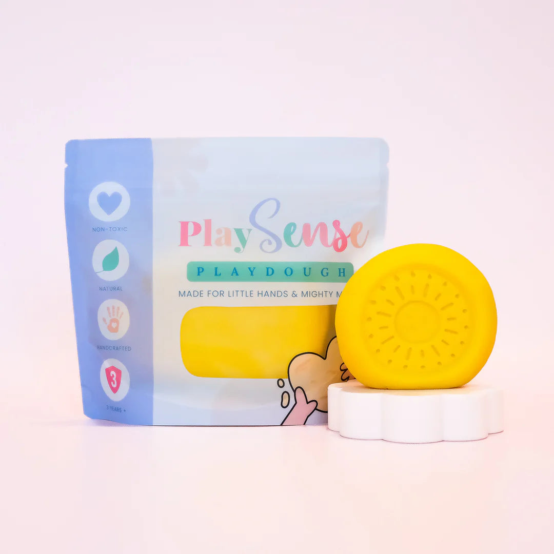 Image of dough by the brand playsense. Great for sensory play and being creative, also fine motor development. Dough is non toxic with all natural ingredients so safe for little hands. Colour and scent is Bright Yellow Pineapple Scented Dough