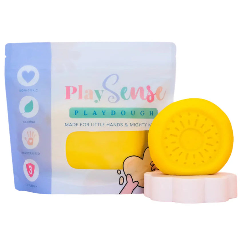 Image of dough by the brand playsense. Great for sensory play and being creative, also fine motor development. Dough is non toxic with all natural ingredients so safe for little hands. Colour and scent is Bright Yellow Pineapple Scented Dough