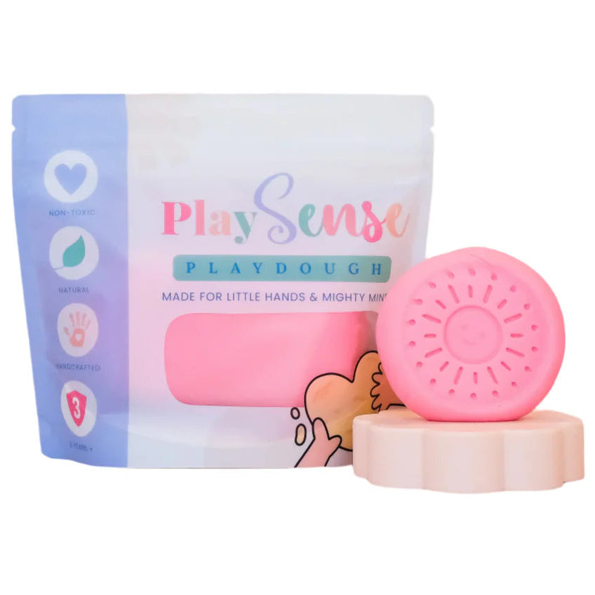 Image of dough by the brand playsense. Great for sensory play and being creative, also fine motor development. Dough is non toxic with all natural ingredients so safe for little hands. Colour and scent is Pastel Pink Cotton Candy