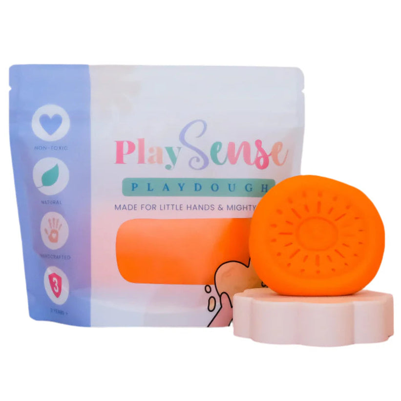 Image of dough by the brand playsense. Great for sensory play and being creative, also fine motor development. Dough is non toxic with all natural ingredients so safe for little hands. Colour and scent is brigh orange orange flavour