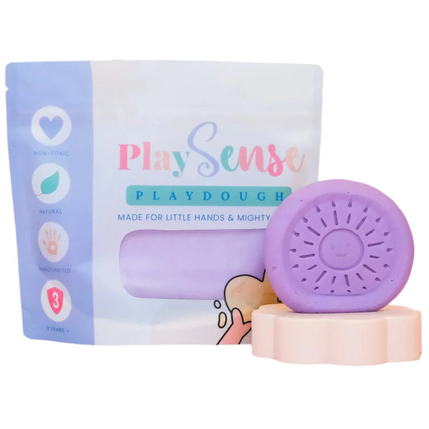 Image of dough by the brand playsense. Great for sensory play and being creative, also fine motor development. Dough is non toxic with all natural ingredients so safe for little hands. Colour and scent is Pastel Purple Bubblegum 
