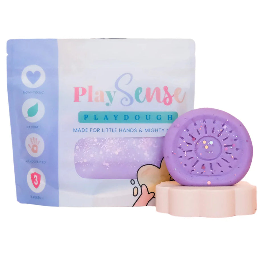 Image of dough by the brand playsense. Great for sensory play and being creative, also fine motor development. Dough is non toxic with all natural ingredients so safe for little hands. Colour and scent glitter pastel purple bubblegum
