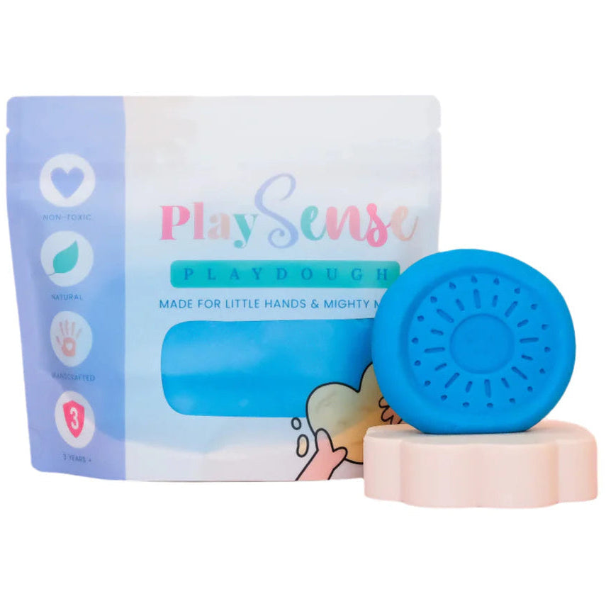 stock Image of dough by the brand playsense. Great for sensory play and being creative, also fine motor development. Dough is non toxic with all natural ingredients so safe for little hands. Colour and scent is blue and blue slushy