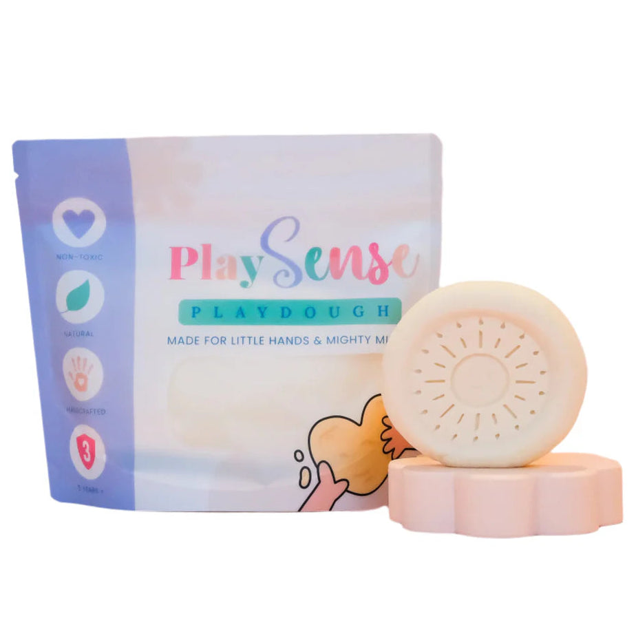 Image of dough by the brand playsense. Great for sensory play and being creative, also fine motor development. Dough is non toxic with all natural ingredients so safe for little hands. Colour and scent is White Coconut