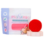 Image of dough by the brand playsense. Great for sensory play and being creative, also fine motor development. Dough is non toxic with all natural ingredients so safe for little hands. Colour and scent is Bright red cherry scented playdough