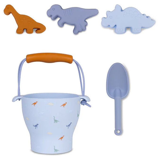 Dinosaur silicone beach bucket set by Swim Essentials with bucket shovel and dinosaur sand moulds