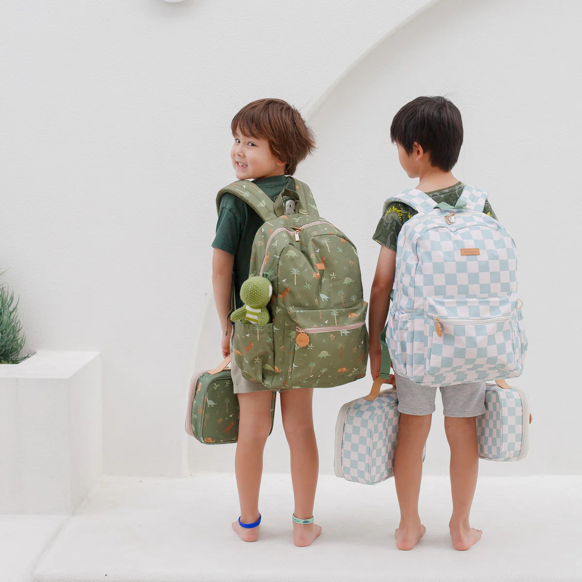 back lifestyelshoot Fox & Fallow sage check backpack kids school bag