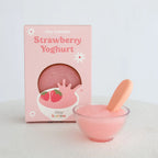 a softer look at bowl of tiny tummies pretend baby dolls food breakfast bowl which is magic and disappearing, brand is tiny harlow and flavour is strawberry yoghurt