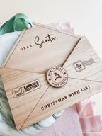 Wooden Dear Santa envelope ornament for Christmas tree with ribbon and space for wish list letter