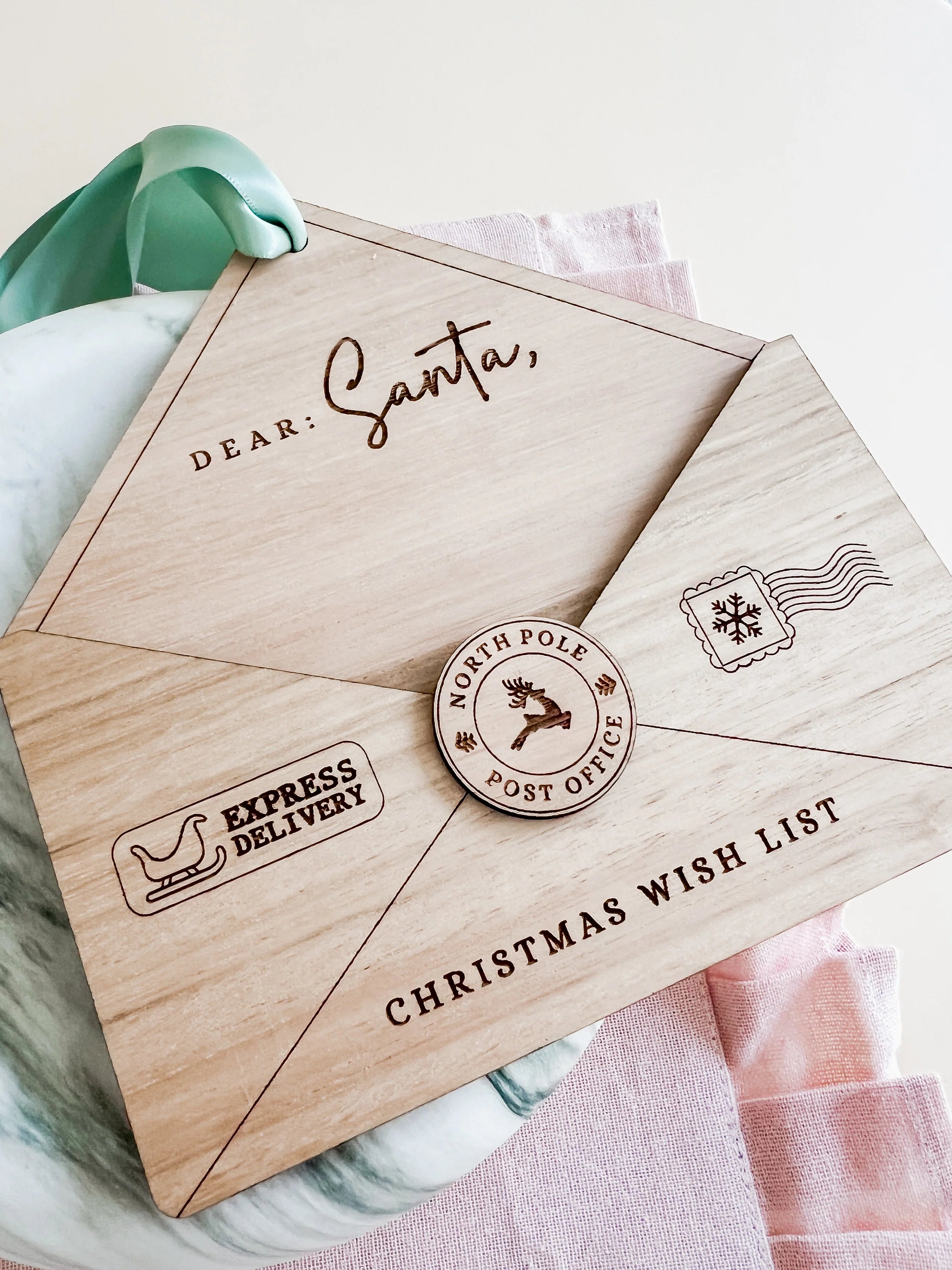 Wooden Dear Santa envelope ornament for Christmas tree with ribbon and space for wish list letter