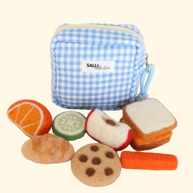 A light blue and white gingham fabric pouch with a zipper closure and a small white label reading 'SALLI collective' in the center, surrounded by colorful felt food accessories including an orange slice, lime, apple piece, sandwich, bread, cookie, and carrot on a white background.