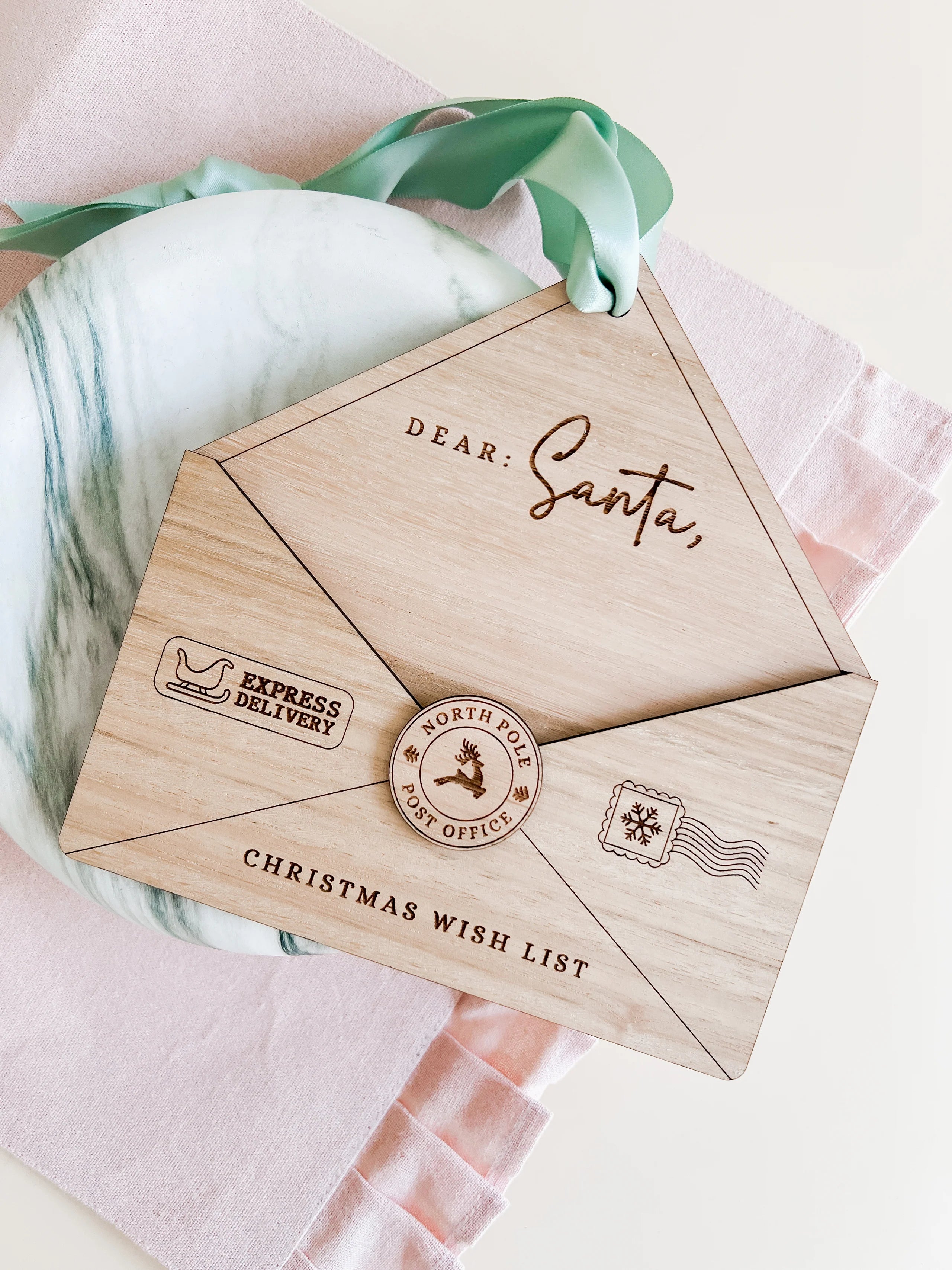 Little Rabbit Lane Christmas wish list ornament shaped like an envelope for Santa letters