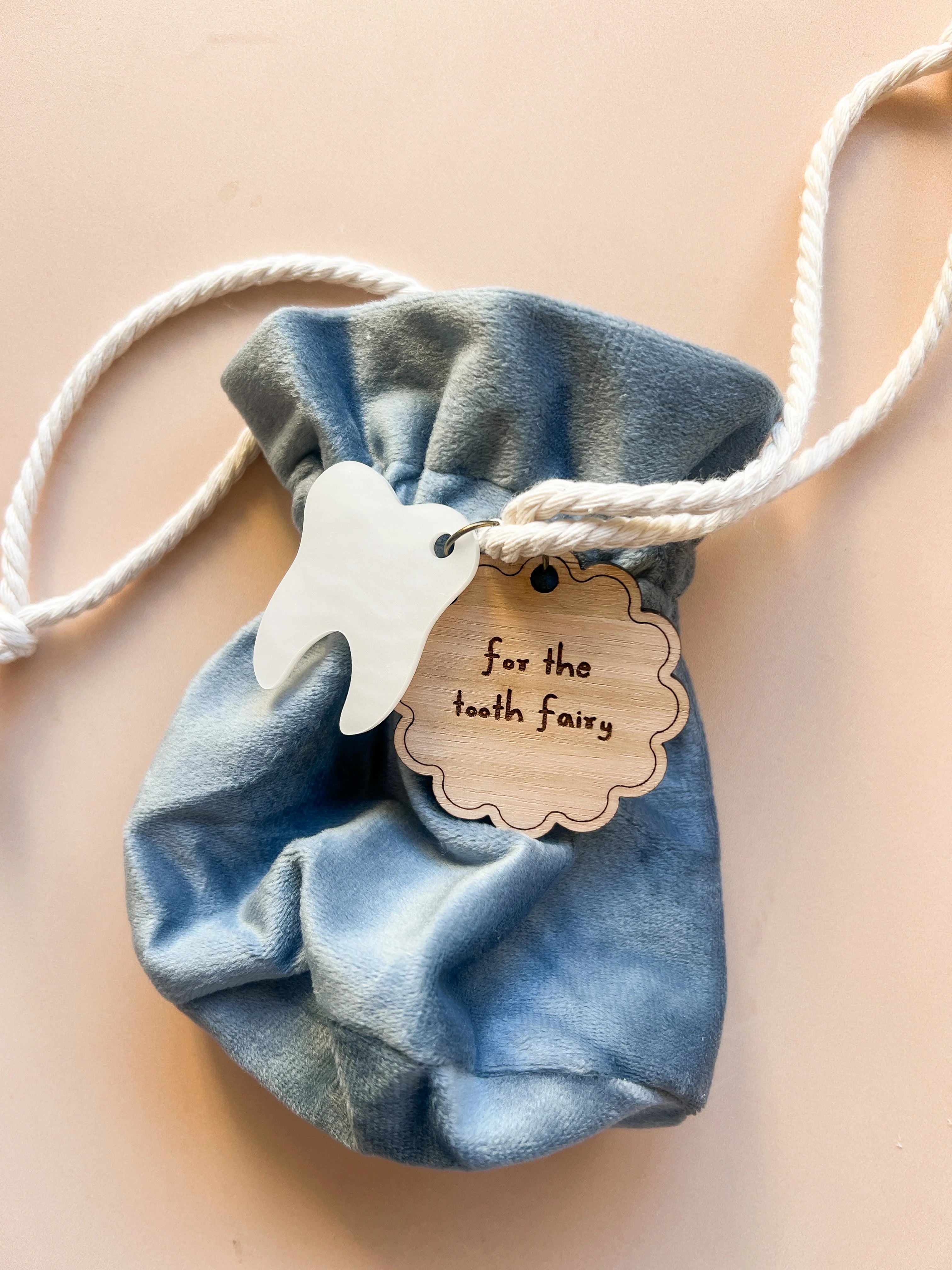 Children’s Tooth Fairy velvet keepsake pouch with wooden tag and tooth charm by Little Rabbit Lane