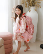 photoshoot to show Fox & Fallow large pencil case. Spacious, durable and can be personalised with embroidery, perfect for school, highschool and everyday use. Can also get matching backpack and lunch bag. This print is strawberry stripe