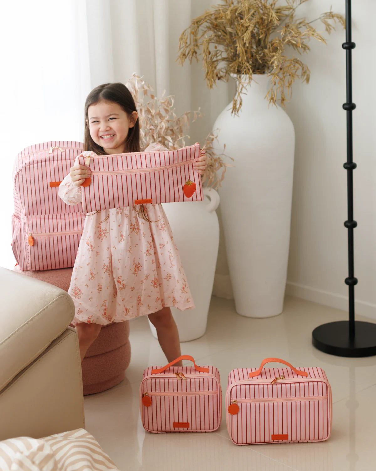 Fox & Fallow large pencil case. Spacious, durable and can be personalised with embroidery, perfect for school, highschool and everyday use. Can also get matching backpack and lunch bag. This print is strawberry stripe