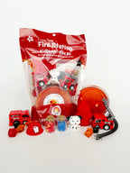 Packaged Fire Station KidDoughs sensory play kit in resealable pouch with included fire truck toys and accessories
