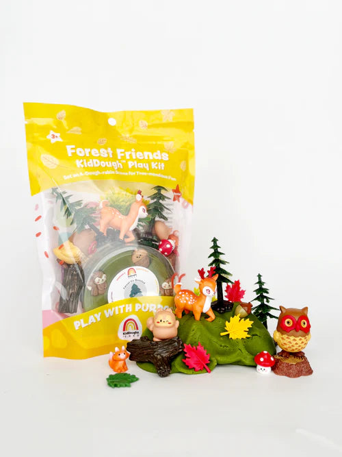 Resealable KidDough pouch with forest friends themed figurines and accessories, sensory playdough kit for hands-on small world and pretend play