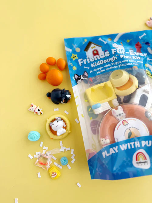 Kids sensory play kit with pet animal toys, charms and accessories displayed around resealable KidDough pouch, designed for tactile and imaginative play activities