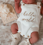Newborn keepsake outfit set with cotton knit Hello World romper and matching accessories