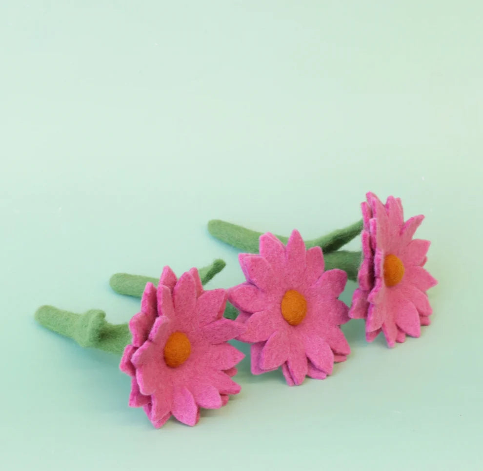 Pink Felt Daisies & Rattan Vase - Juni Moon
