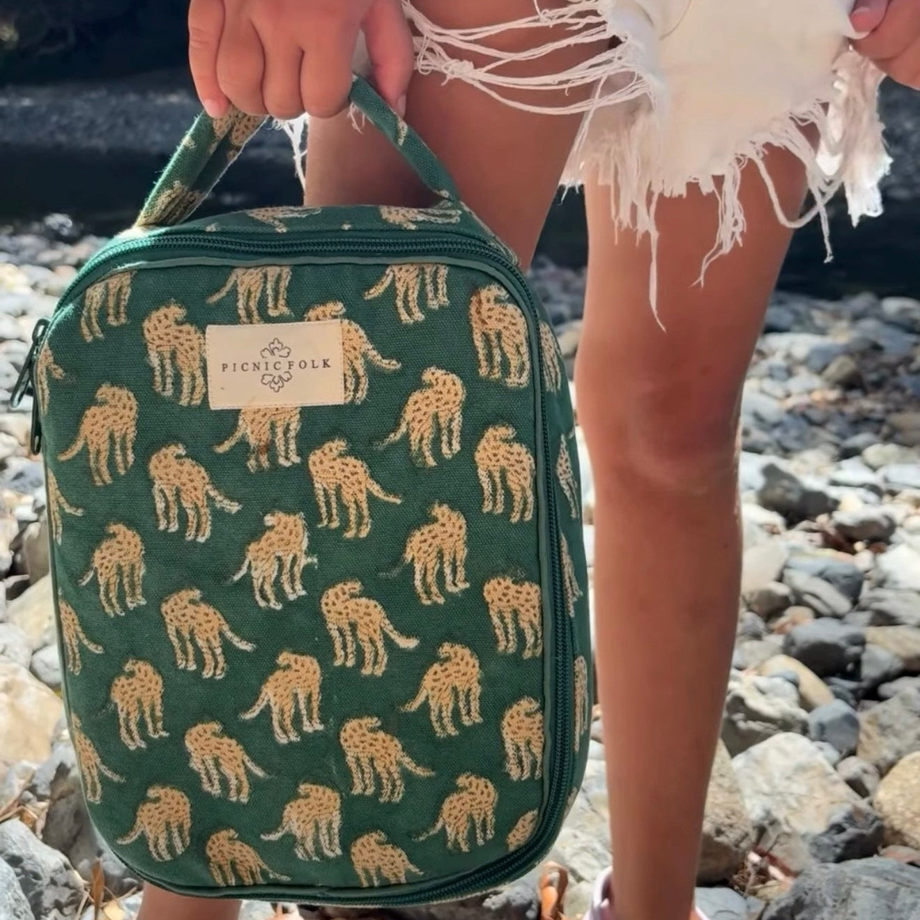 kids lunch bag with animal print and zip closure