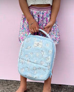 blue lunch bag with zipper and carry handle for school