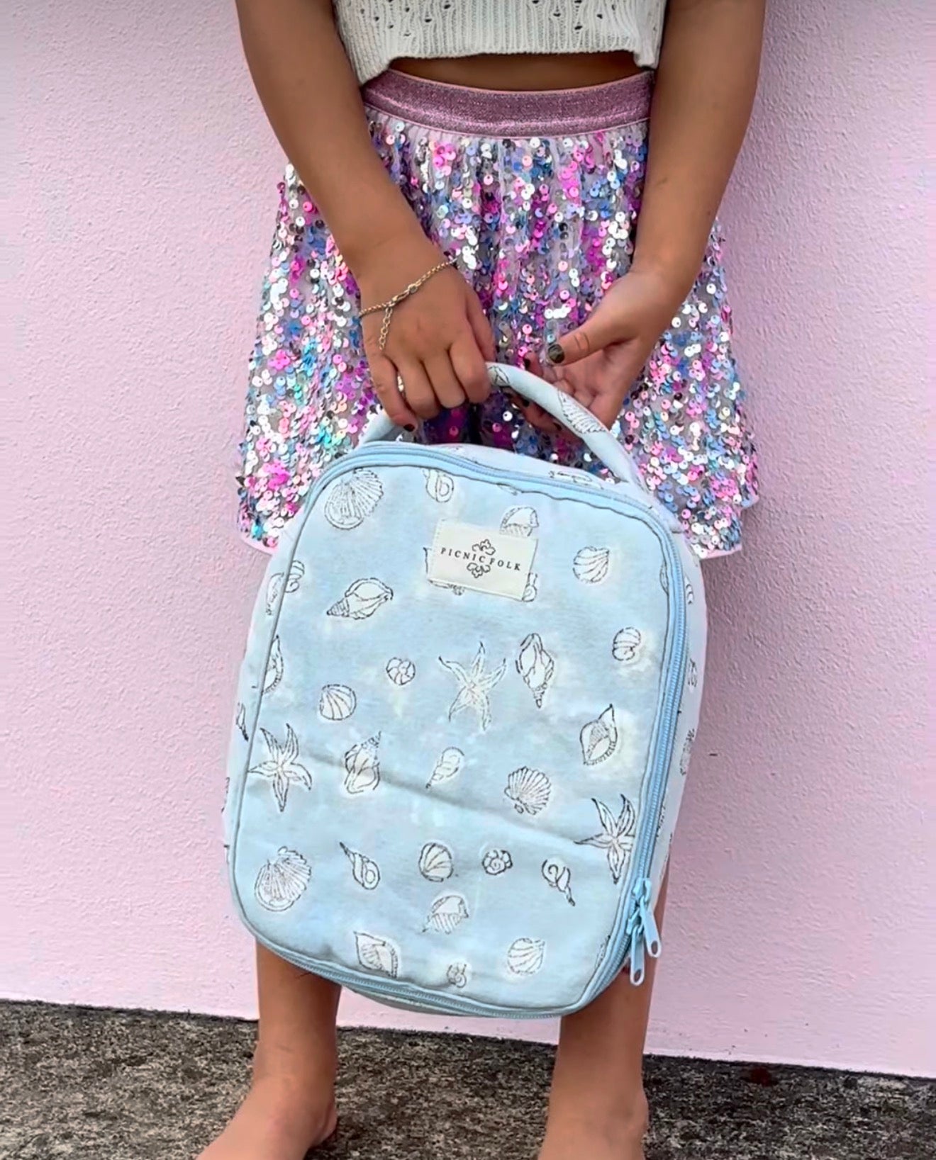 blue lunch bag with zipper and carry handle for school