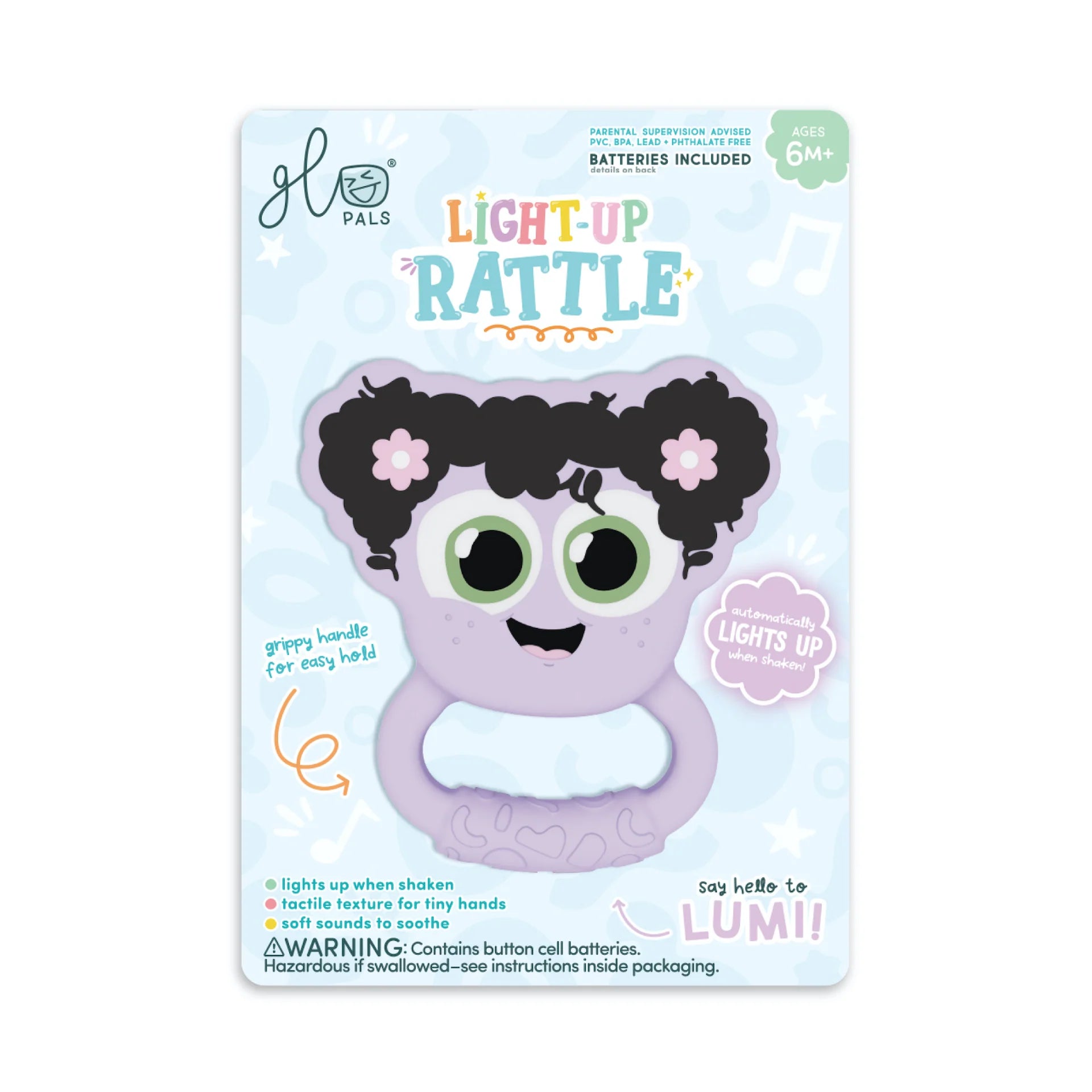 Purple light-up baby rattle sensory toy by Jellystone Designs for developmental play
