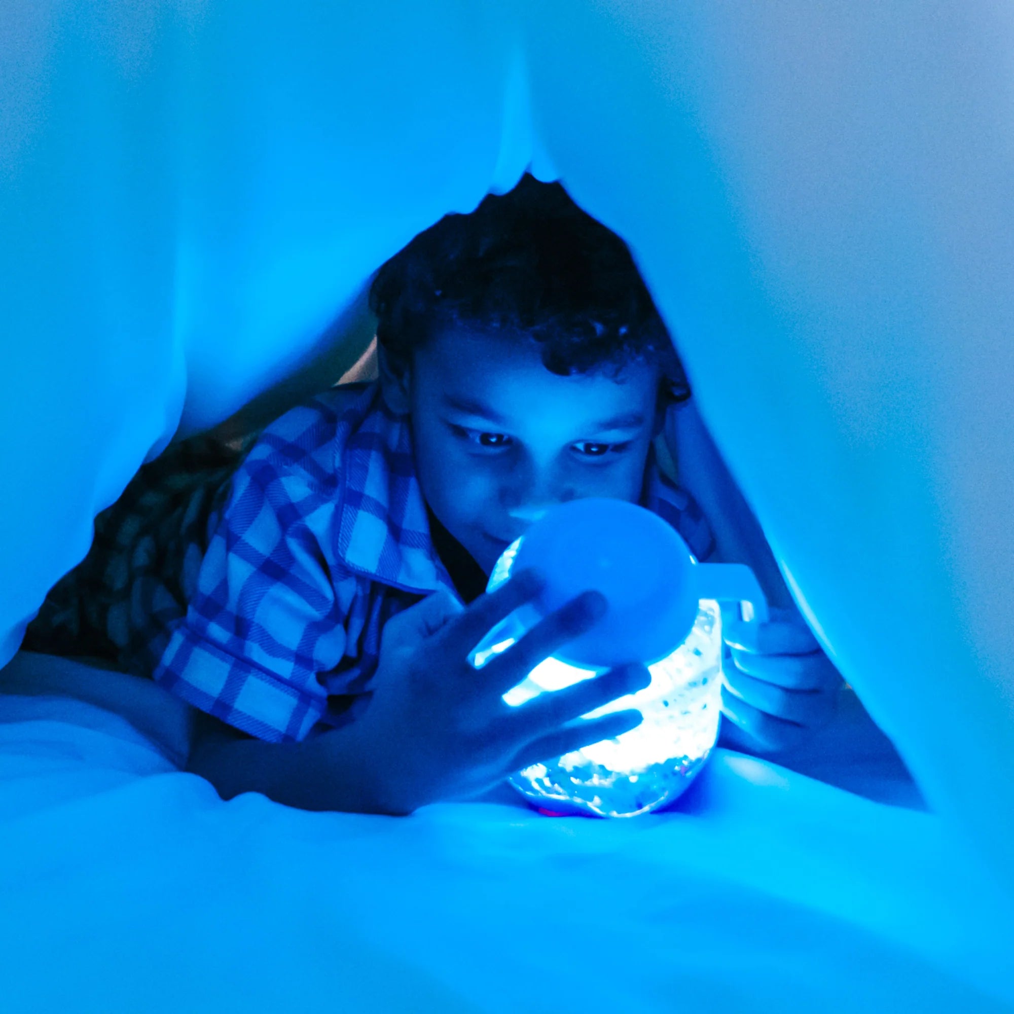 Interactive blue sensory play jar for toddlers

