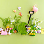 Kids garden playdough set with textured green dough, digging shovel, plants and miniature garden toys designed for hands-on sensory exploration