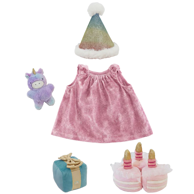 olli ella Pink birthday dress with accessories including a unicorn toy, gift box, and birthday cake for dinkum dolls